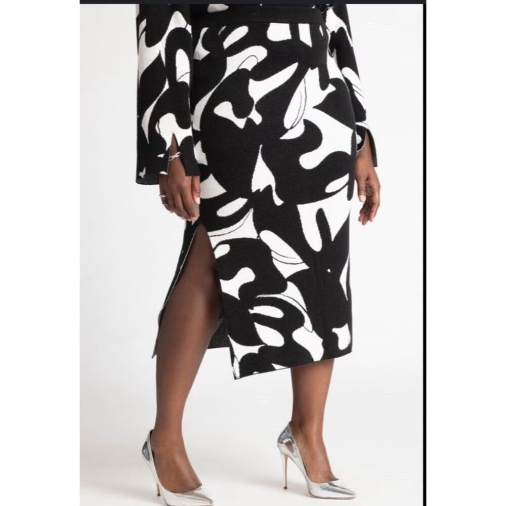 ELOQUII Intarsia Sweater Skirt Womens Plus 26/28 Midi Pull On Black White New